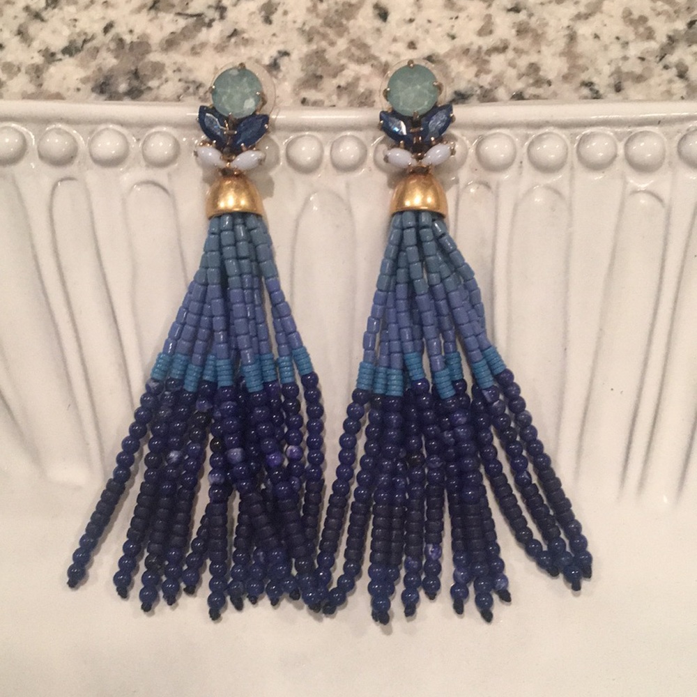 Stella & Dot Iris Blue Beaded Tassel Earrings